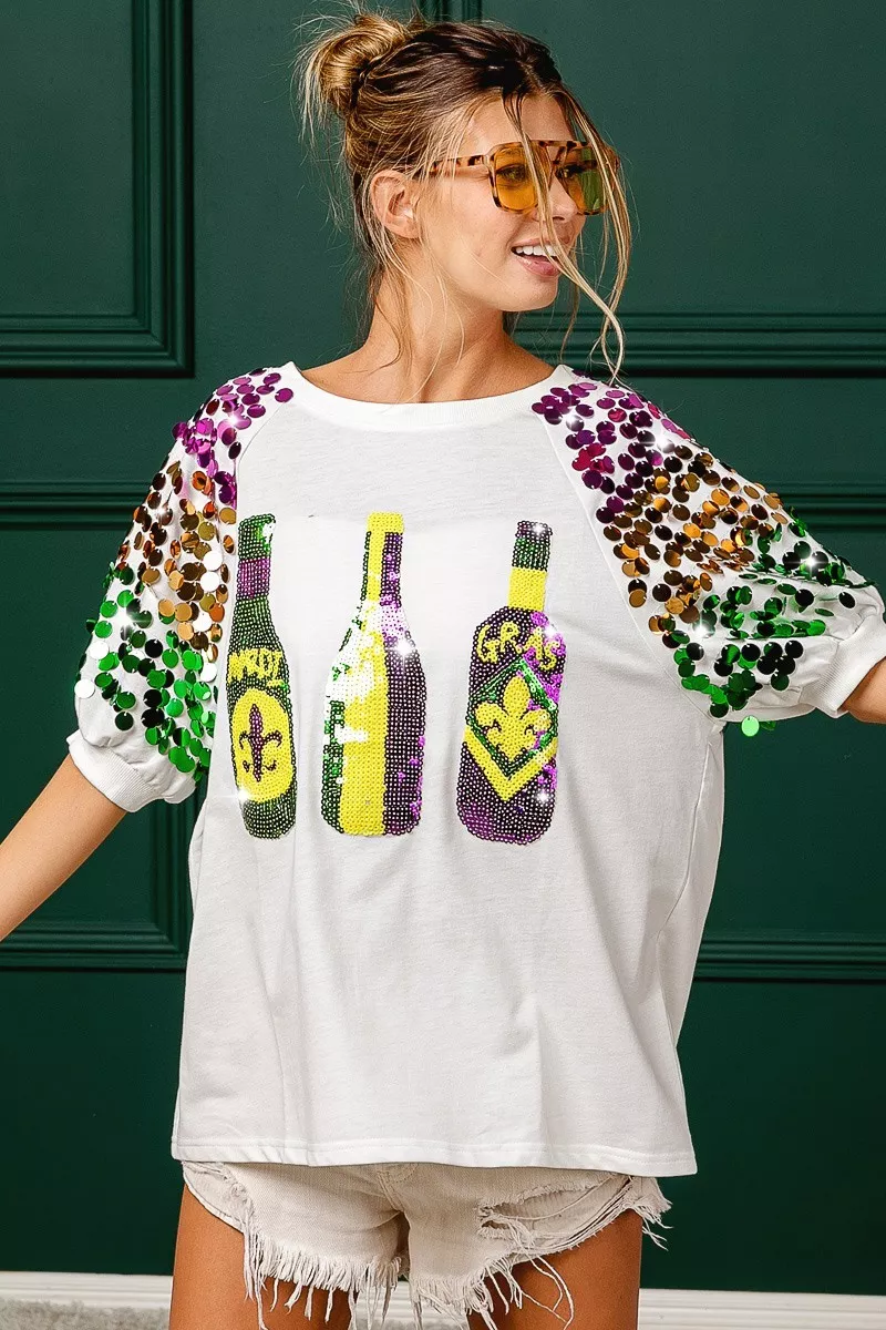 Sequin Mardi Gras Bottles Spangled Sleeve Top, image 11