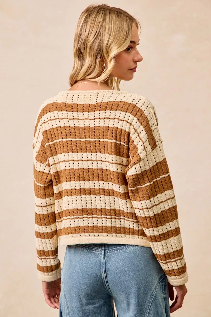 Striped Open Knit Sweater Top with Front Braided Detail, image 6