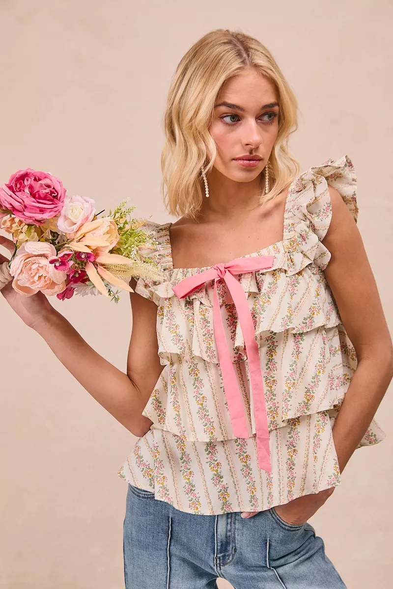 Floral Printed Woven Front Bow Tied Ruffled Square Neck Sleeveless Top, image 4