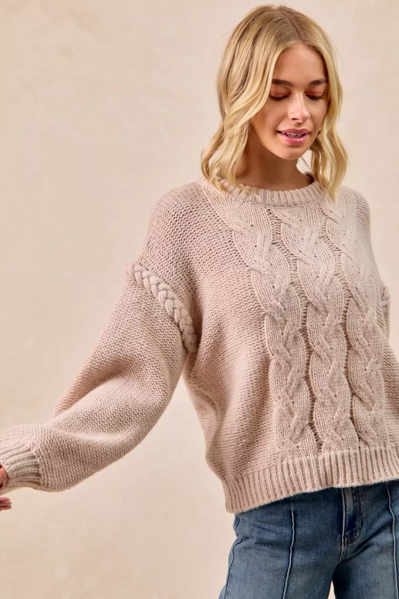 Cable Knit Sweater with Shoulder Braid Detail, image 5