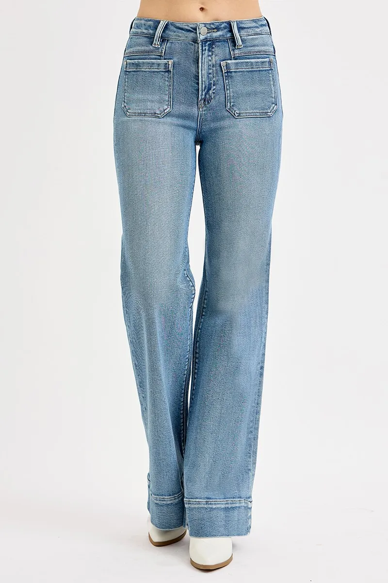 Full Size High Rise Wide Flare Patch Pocket Jeans Plus Size, image 3
