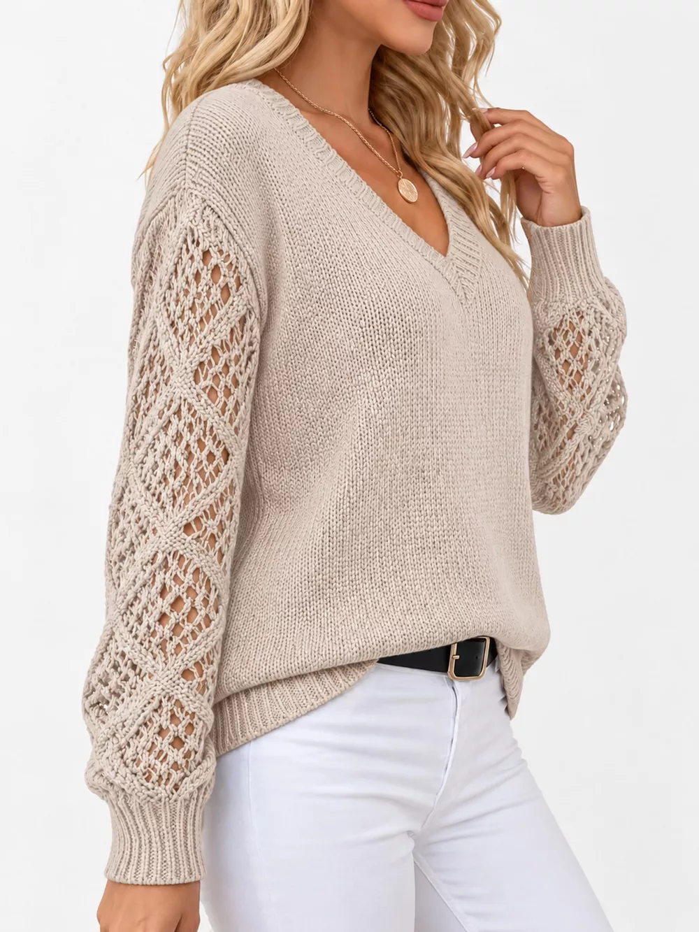 Full Size V-Neck Hollow-Out Long Sleeve Sweater Plus Size, image 11