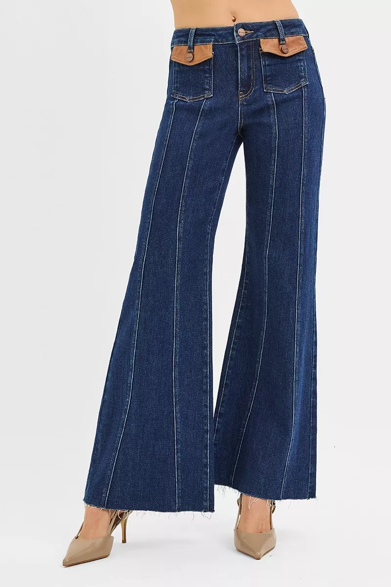 High Rise Wide Flare Jeans with Front Leather Pocket Detail, image 5