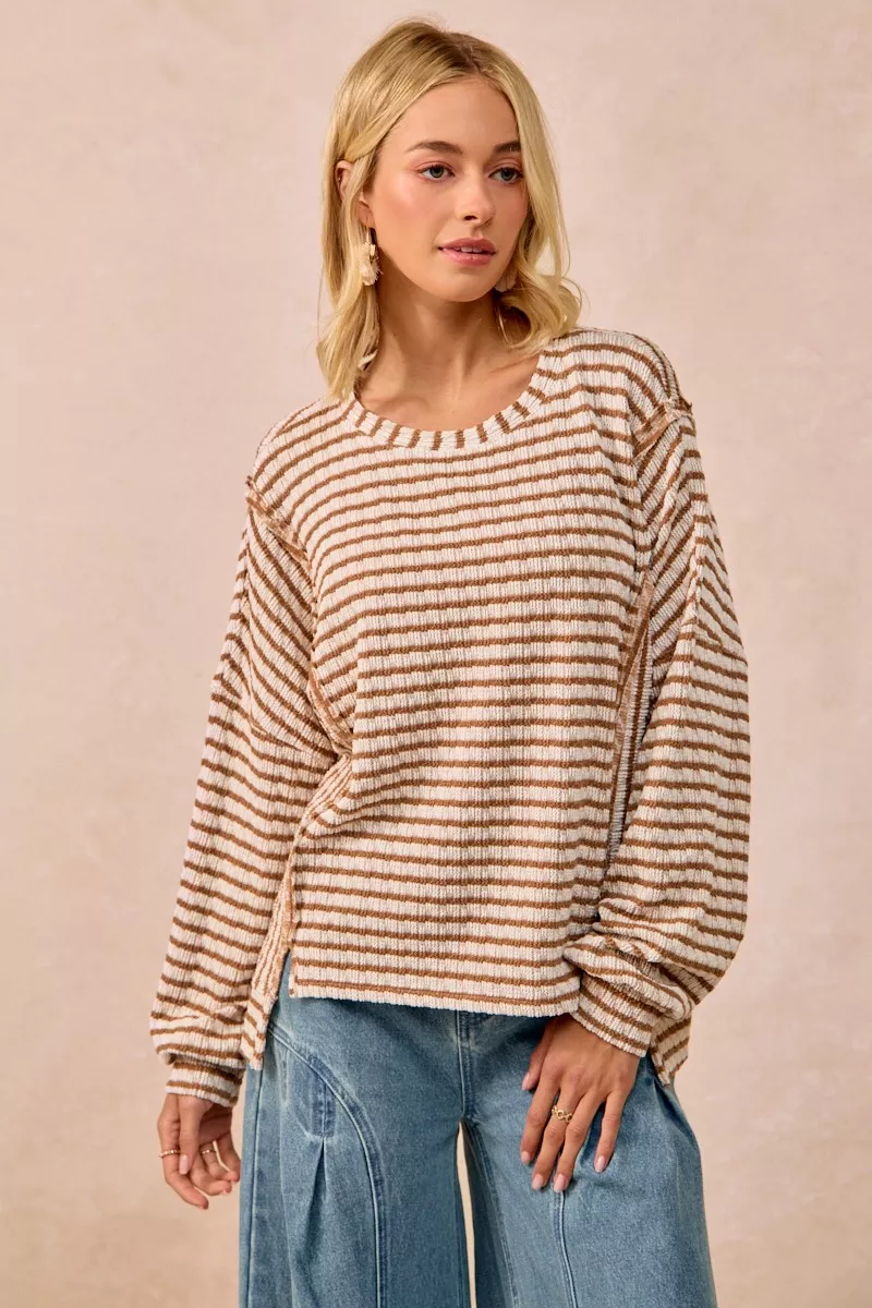 Open Seam Detail Textured Stripe Knit Top, image 2