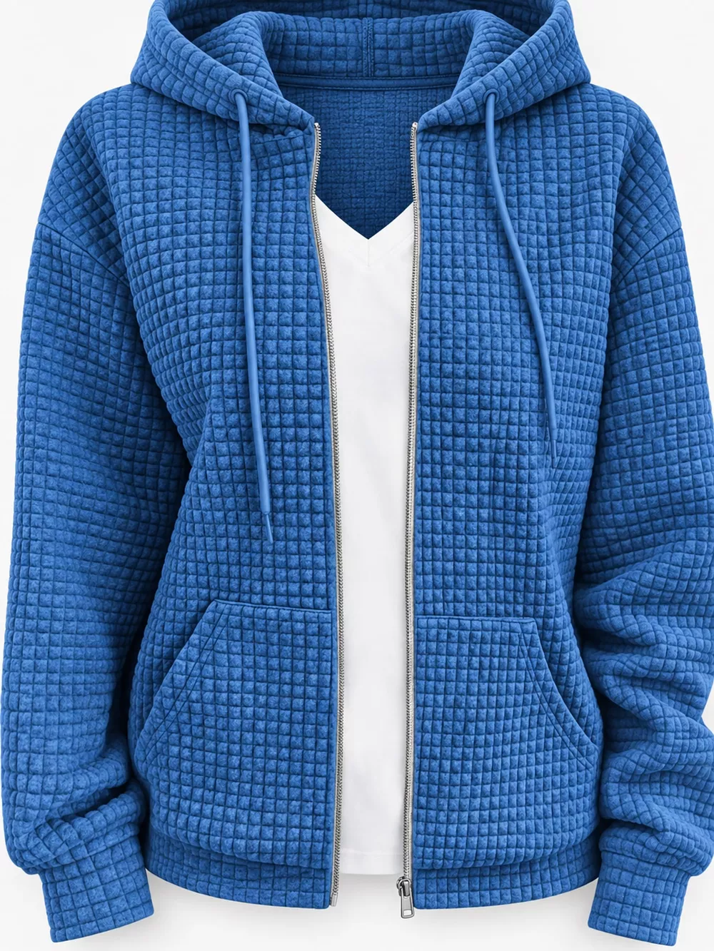 Waffle Knit Zip-Up Hoodie with Drawstring and Pockets, image 18