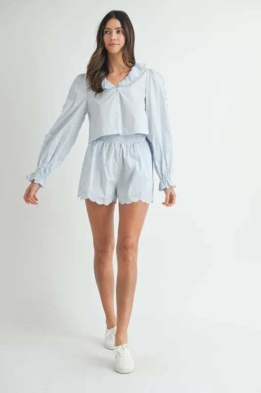 Long Sleeve Scallop Blouse and Shorts Set, image 8