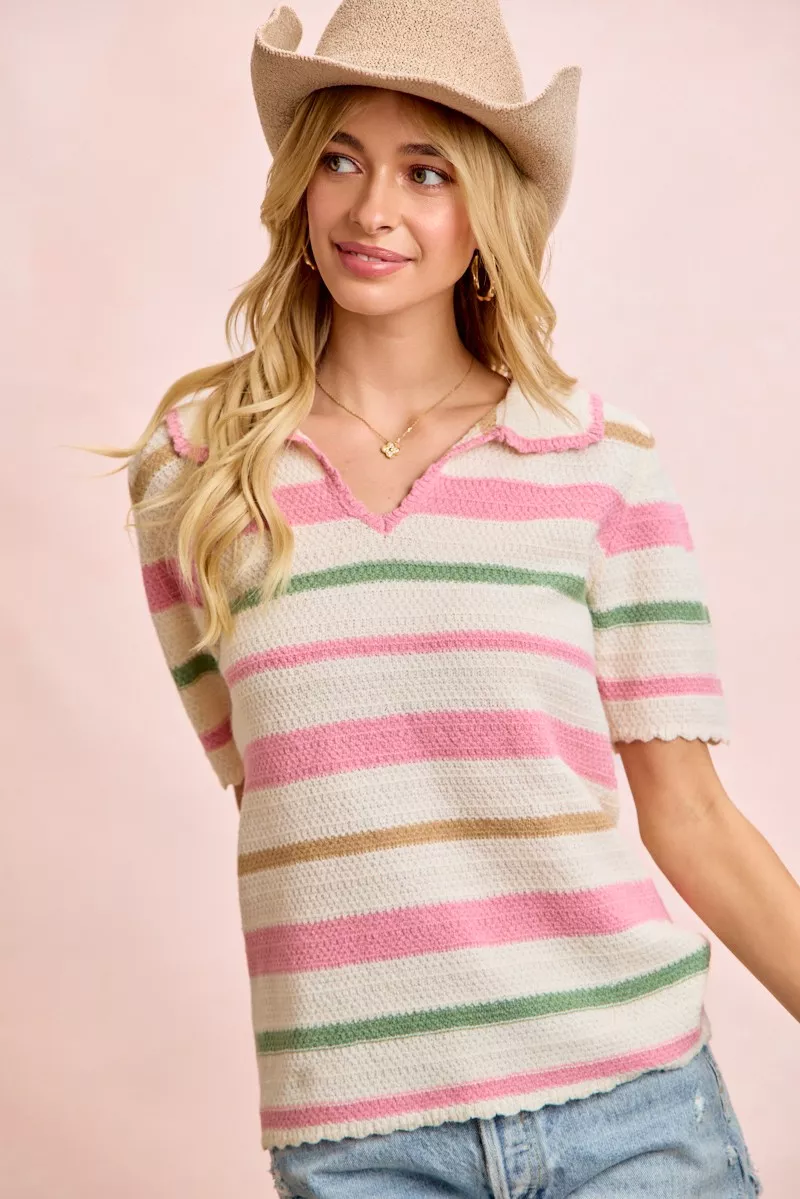 Multi Colors Stripes Collared Knit Top, image 6