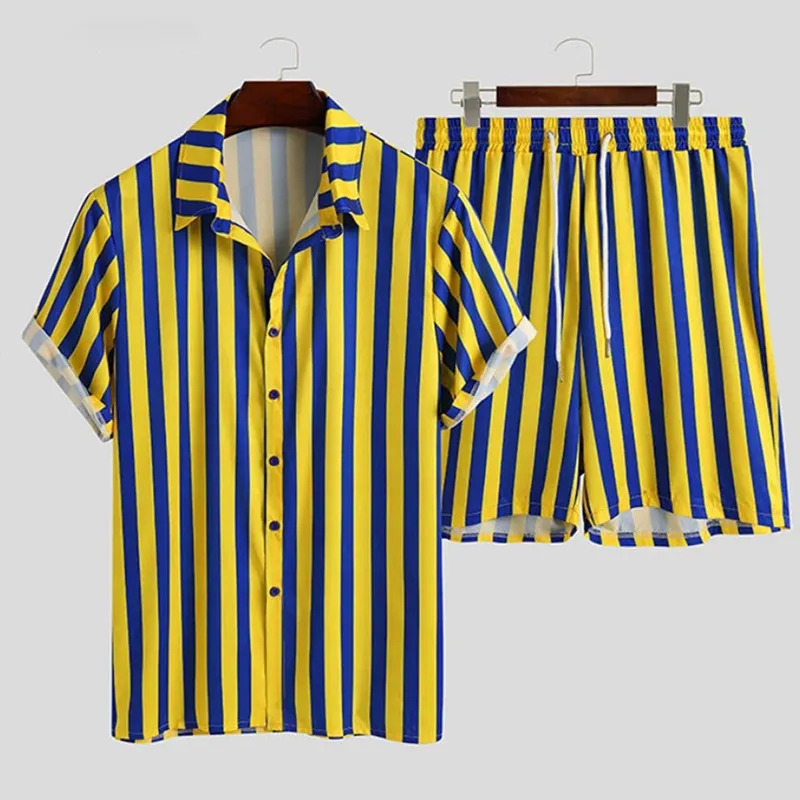 Men's Full Size Striped Button Up Shirt and Shorts Set Plus Size