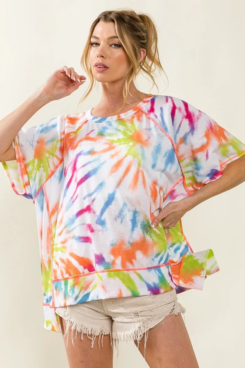Tie Dye Print Jersey Stitched Uneven Hem Top, image 5