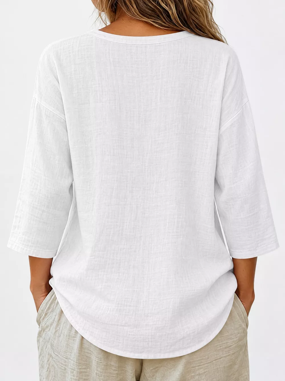 Full Size Button Detail Notched 3/4 Sleeve Blouse Plus Size, image 30