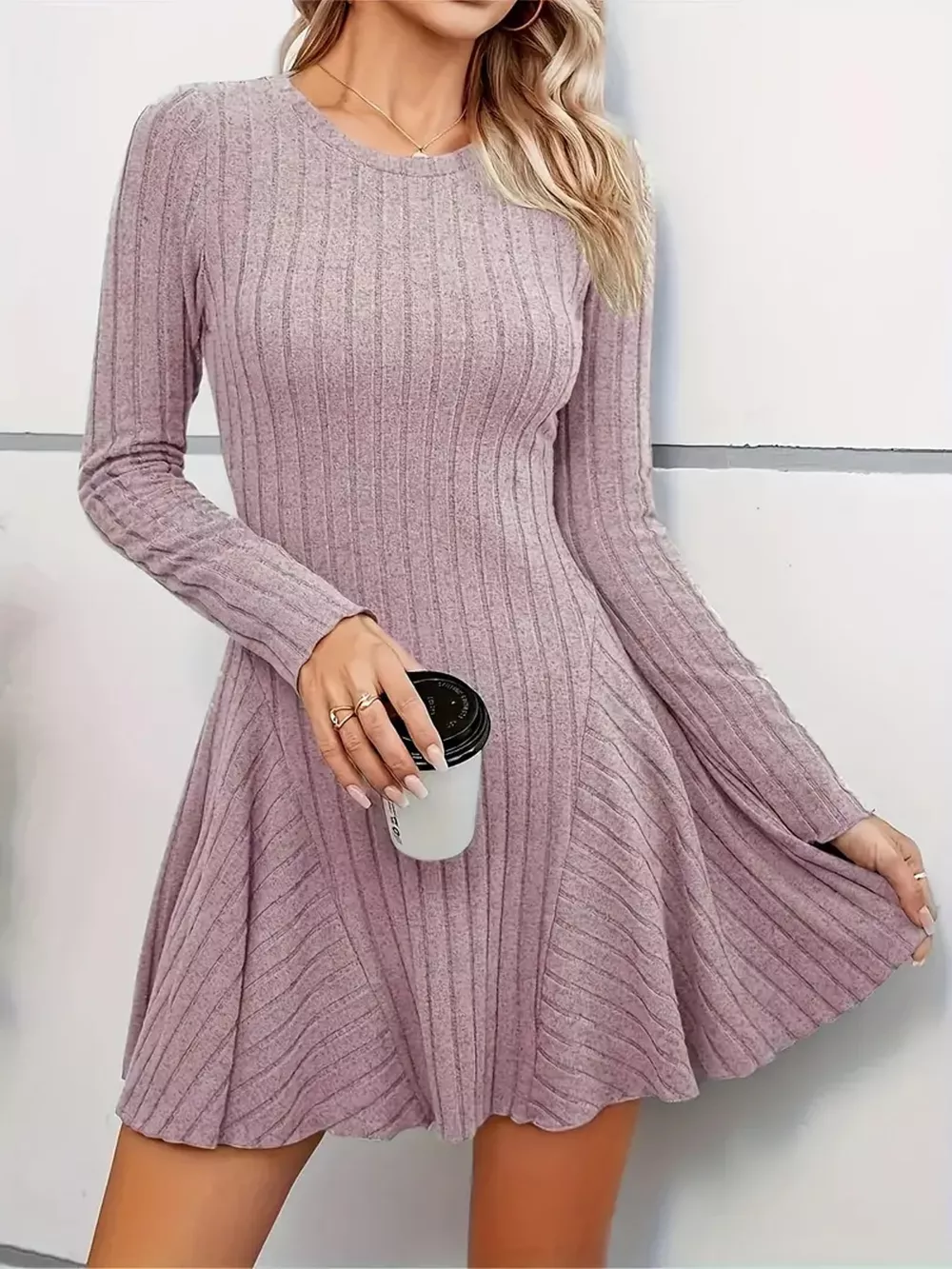 V-Neck Ribbed Knit A-Line Dress, image 22