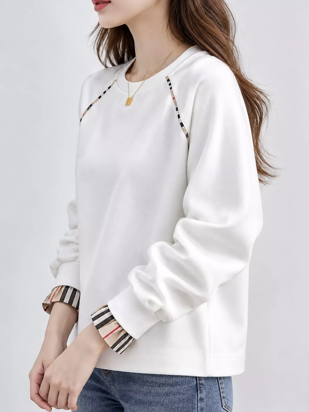 Plaid-Trimmed Crew Neck Sweatshirt, image 3