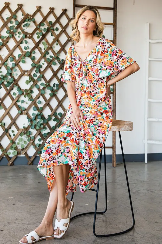 Floral Print Sweetheart Neck Tie Front Midi Dress, image 5