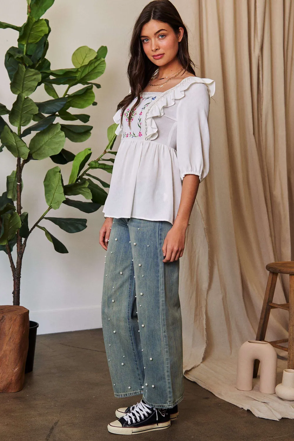 Texture Tie Back Floral Embroidery Frill Blouse, image 8