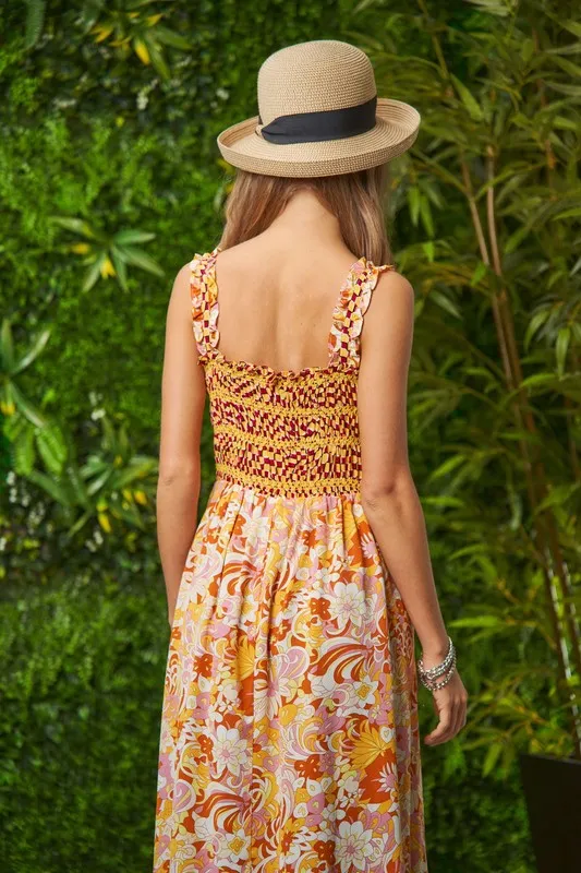 Multi Smocked Bodice Geo Ruffle Strappy Midi Dress, image 7