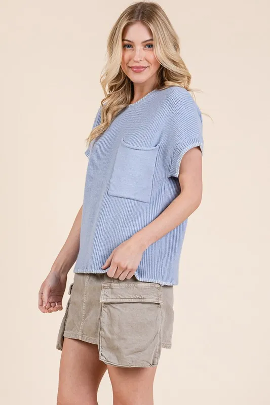 Solid Cap Sleeve Stitch Edge Knit Sweater, image 2