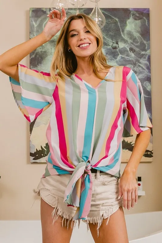 Multi Stripe Woven V Neck Top with Long Front Tie, image 12