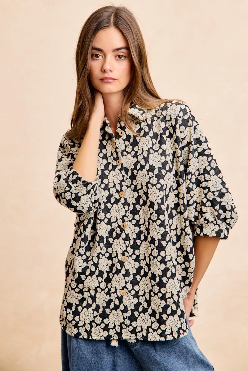 Floral Jacquard Short Dolman Sleeves Shirt, image 6