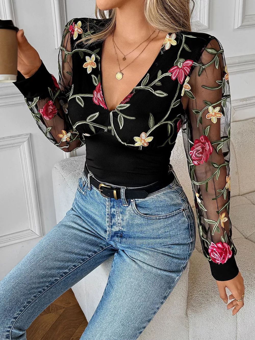 Floral Mesh Sleeve V-Neck Top, image 10