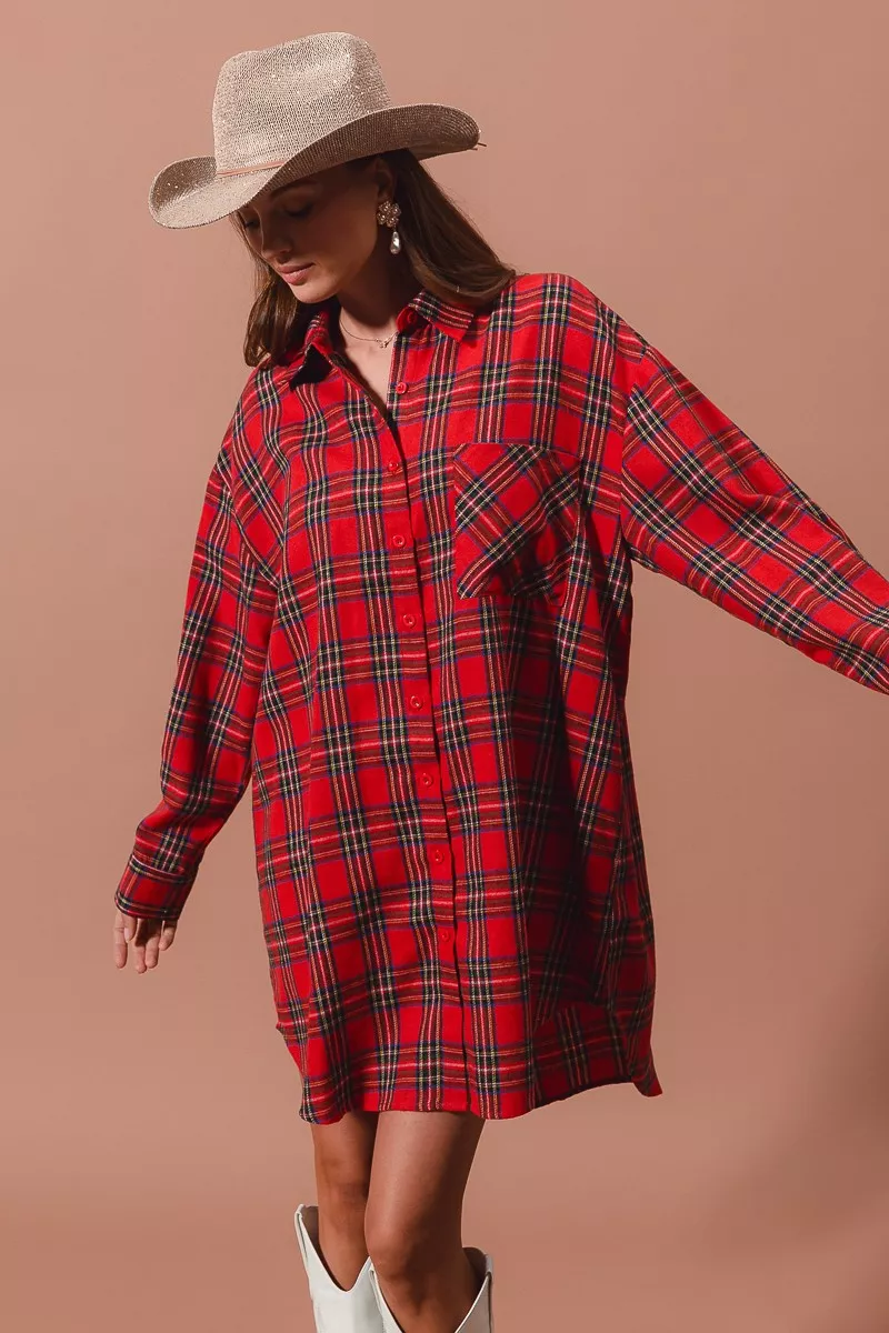Christmas Checker Plaid Button Up Shirt Dress, image 2