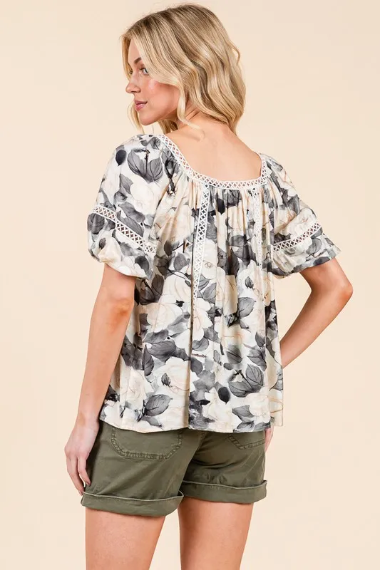 Floral Print Lace Trim Puff Sleeve Blouse, image 9