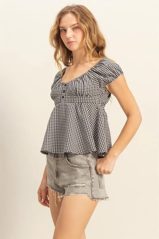 Gingham Scoop Neck Cap Sleeve Blouse, image 2