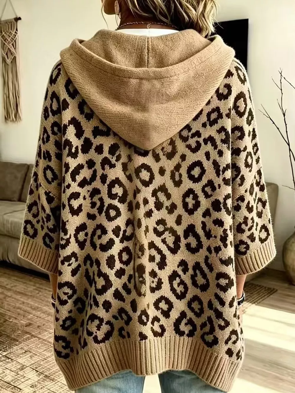 Full Size Leopard Print Hooded Knit Sweater Plus Size, image 16