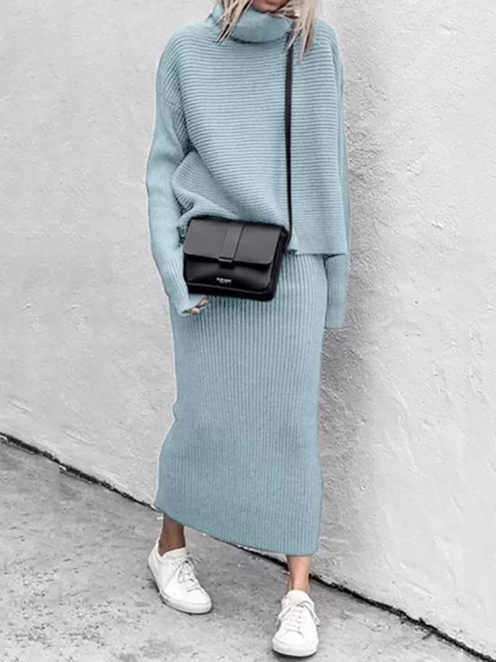 Ribbed Turtleneck Sweater Set with Matching Midi Skirt