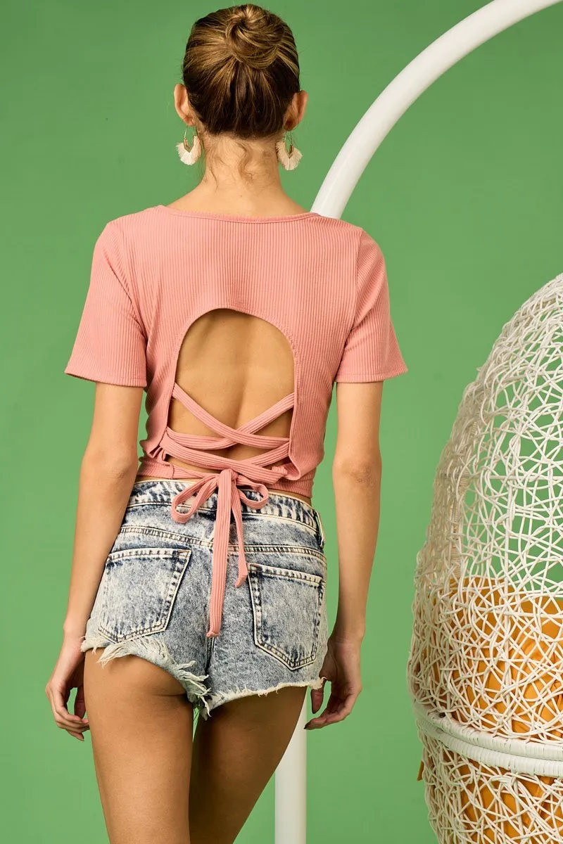 Rib Knit with Back Cross and Tied Detailed Top, image 6