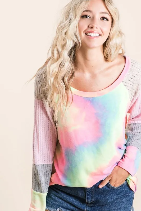 Tie Dye Terry Top with Color Block Pointelle Knit, image 5