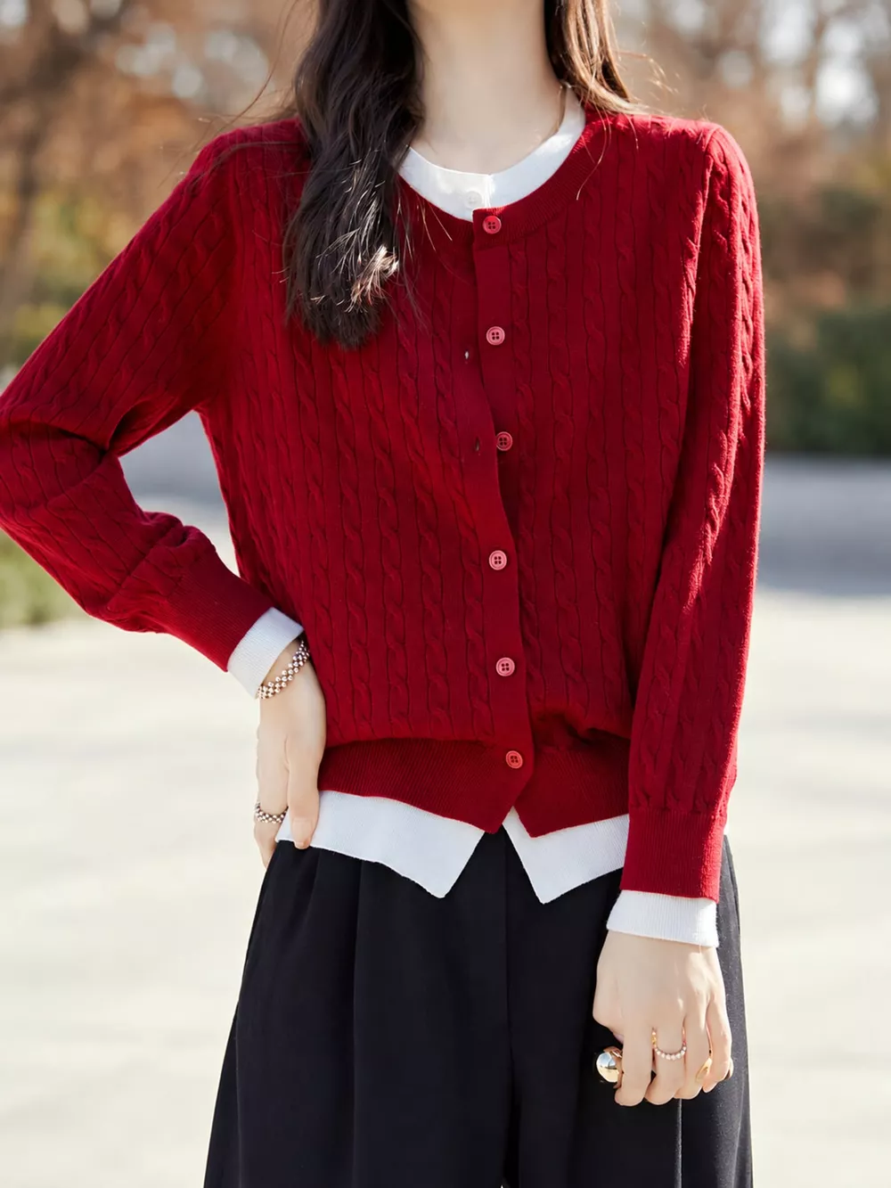 Cable-Knit Button-Down Cardigan, image 3