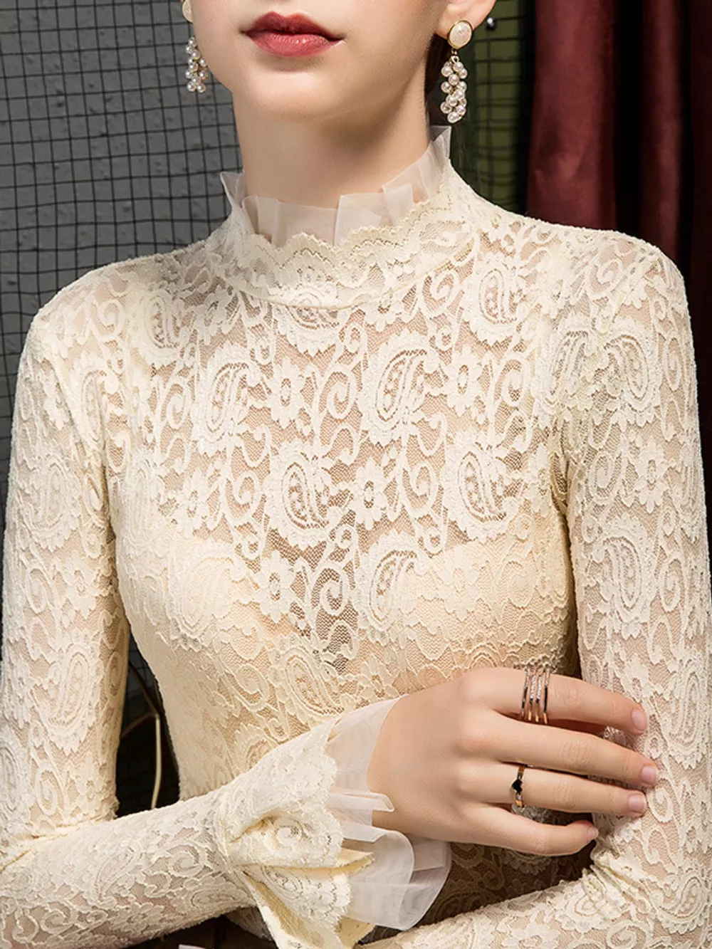 Full Size Lace Mock Neck Long Sleeve Blouse Plus Size, image 7