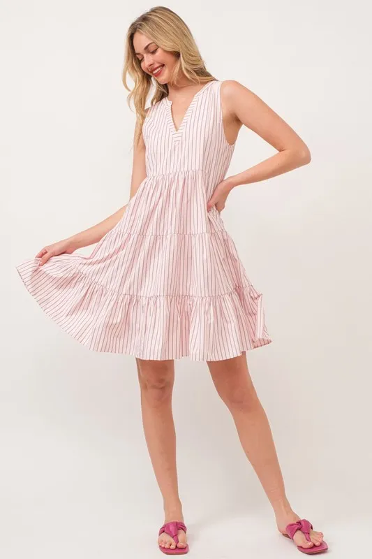 Striped Sleeveless V-Neck Tiered Dress
