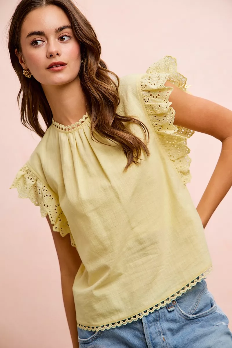 BiBi Cotton Solid Ruffle Sleeve Lace Detail Blouse Top, image 4