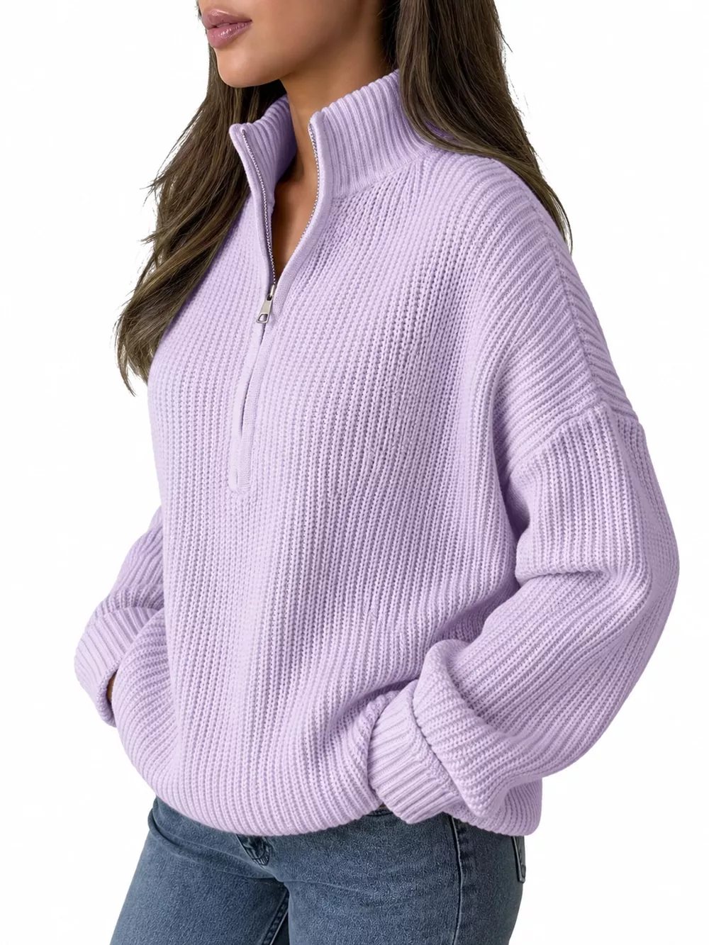 Full Size Half Zip Dropped Shoulder Sweater Plus Size, image 8