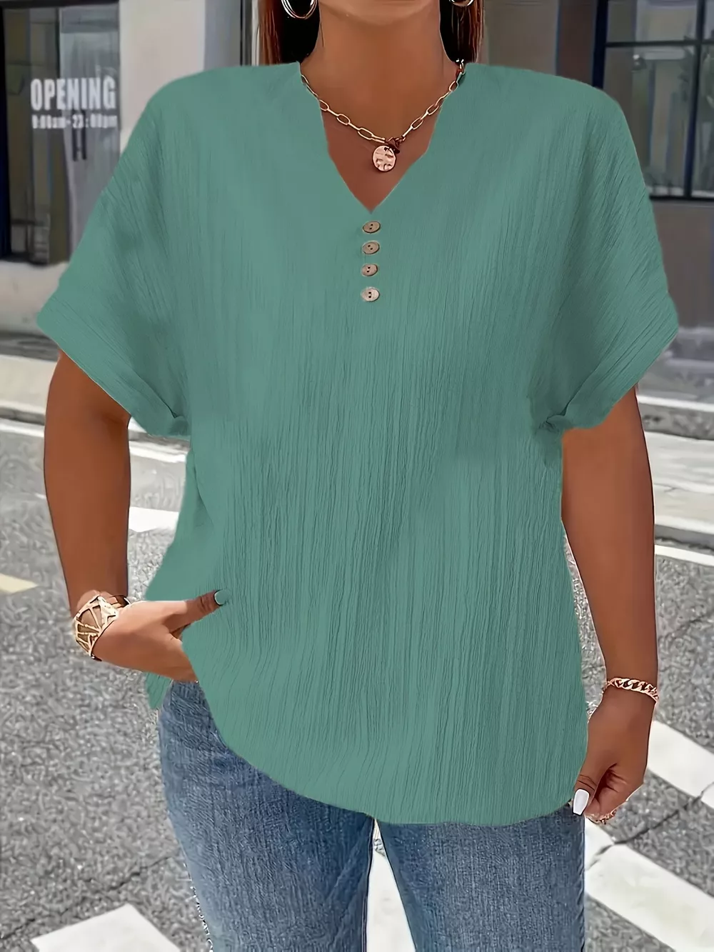Plus Size Notched Short Sleeve Textured Top, image 13