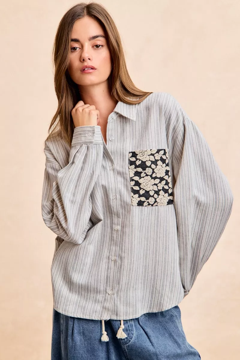Flower Jacquard Knit Patch Pocket Stripe Shirt, image 9