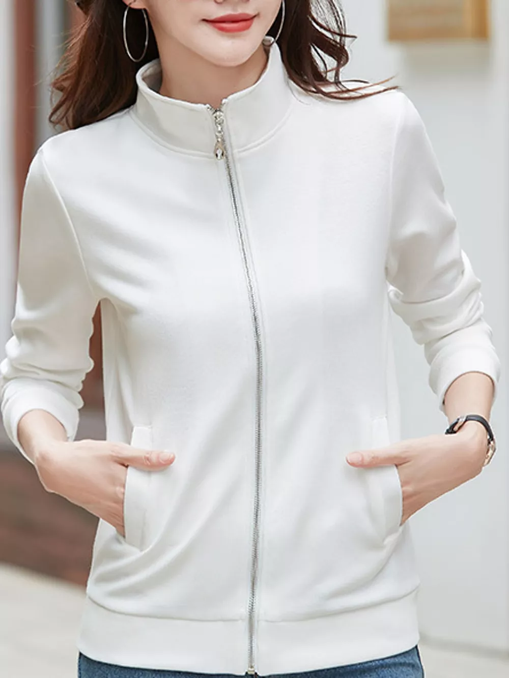 Full Size Stand-Collar Zip-Up Sweatshirt Plus Size