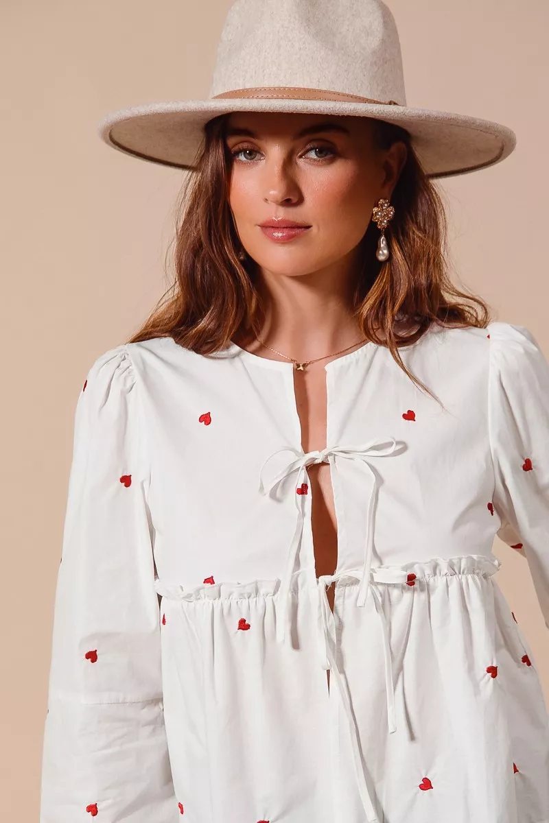 Front Tie Heart Embroidered Blouse With Puff Sleeve, image 5