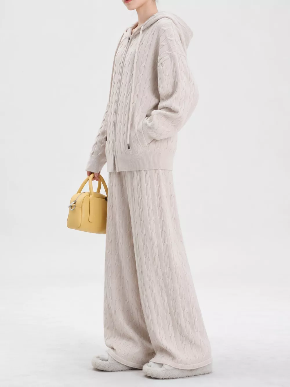 Cable Knit Zip-Up Hooded Cardigan and Wide-Leg Pants Sweater Set, image 12