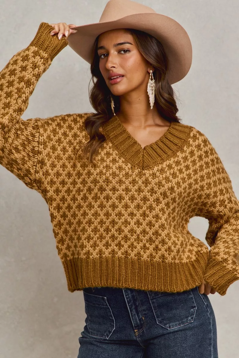 Color Block Textured Christmas Sweater V Neck Top, image 3