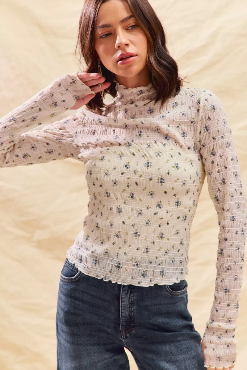 Floral Print Textured Long Sleeve Knit Top, image 5