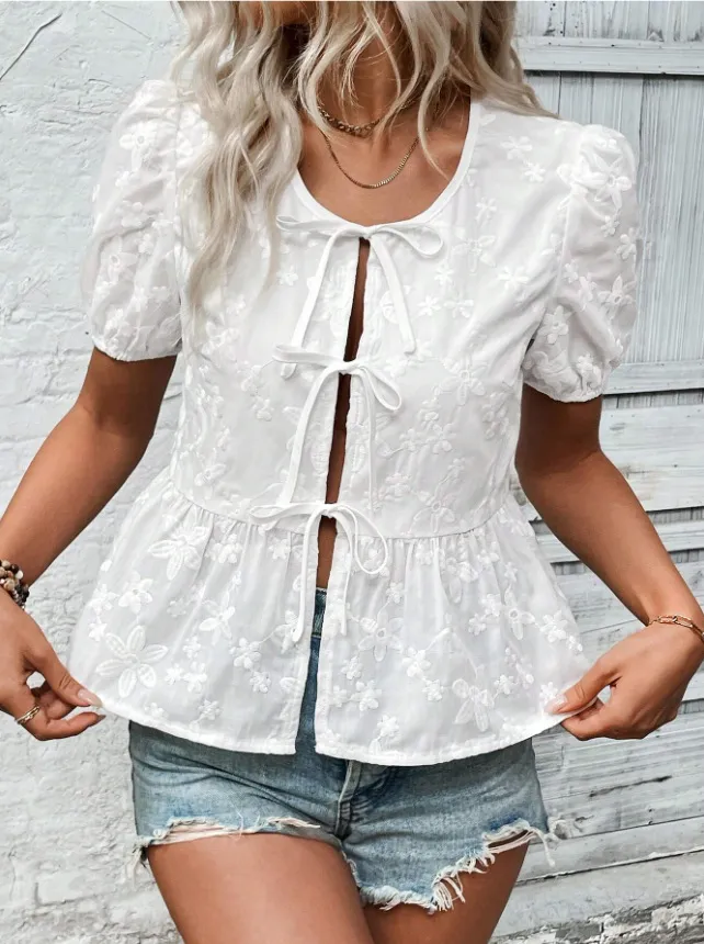 Puff Sleeve Tie Front Lace Peplum Blouse, image 4