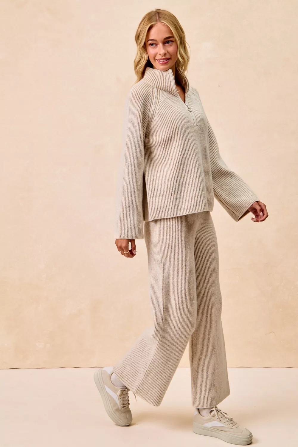 Two Tone Rib Texured Knit Collared Top with Zip Up, image 17