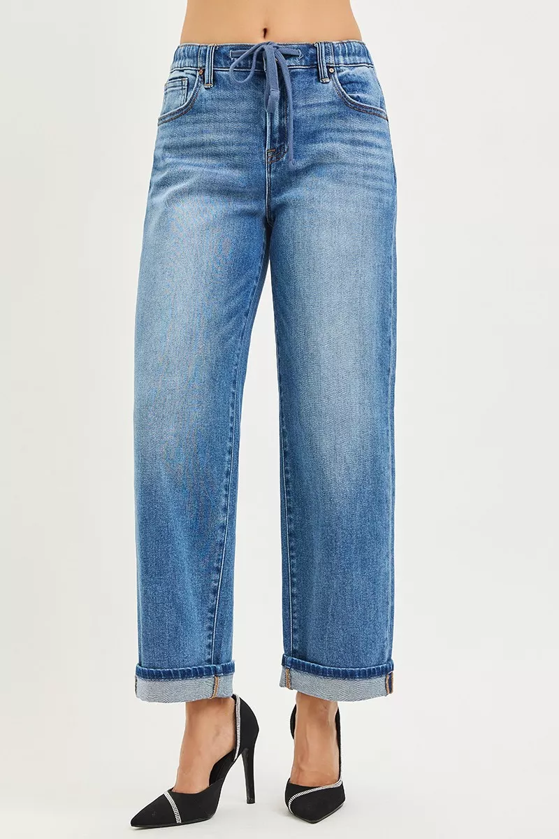 Elastic Band Slouch Ankle Boyfriend Cuffed Hem Jeans, image 4