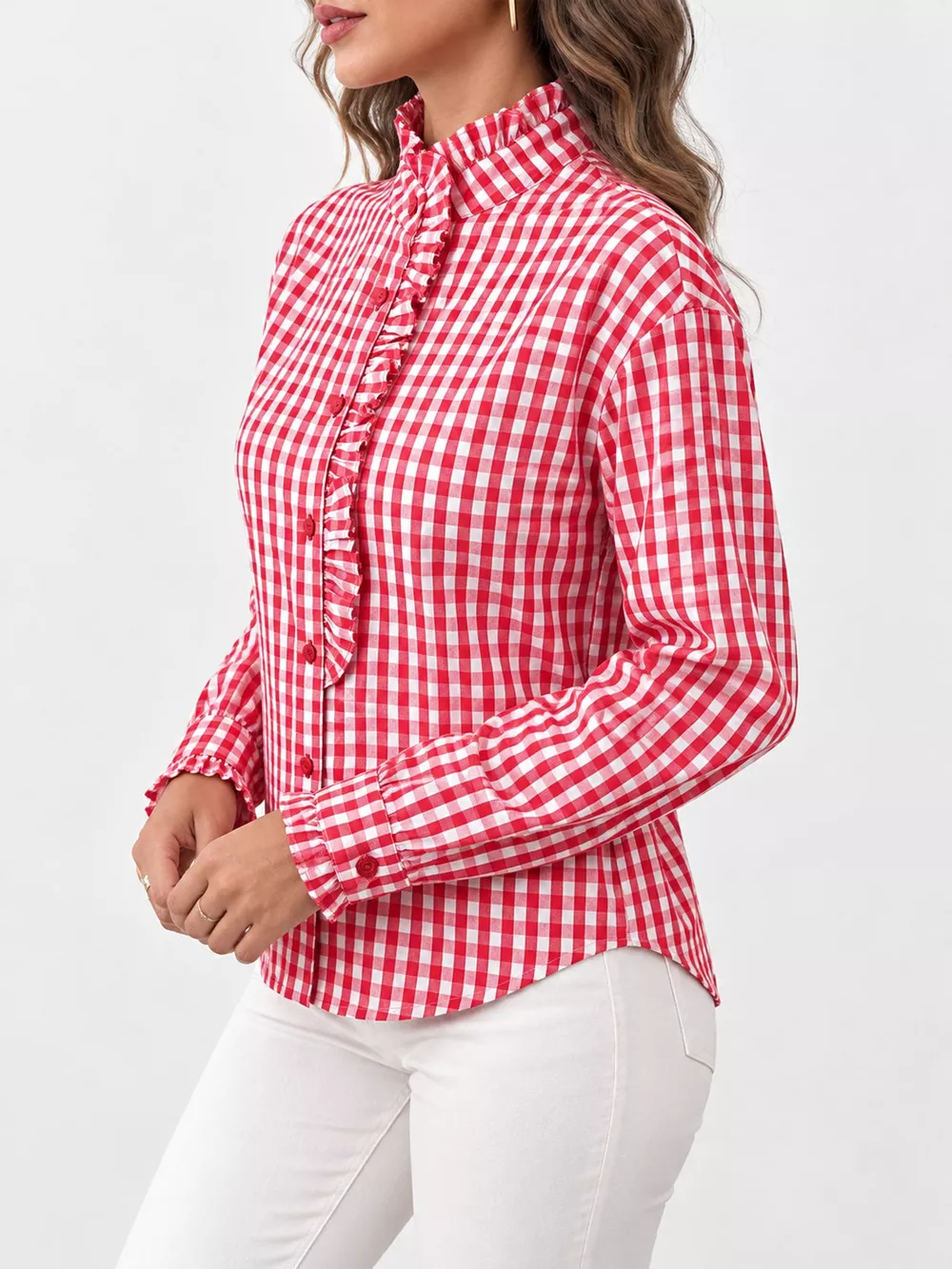 Gingham Ruffle Trim Stand Collar Shirt, image 2