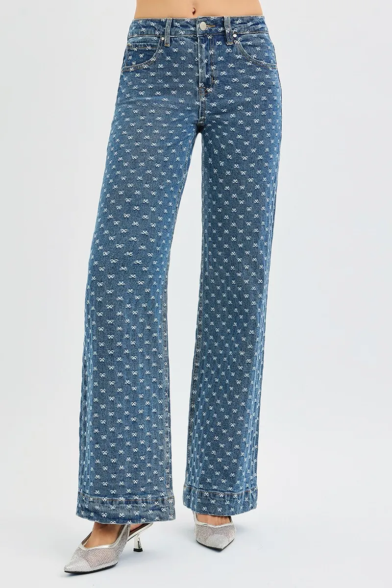 High Rise Wide Leg Bow Embroidered Jeans, image 3