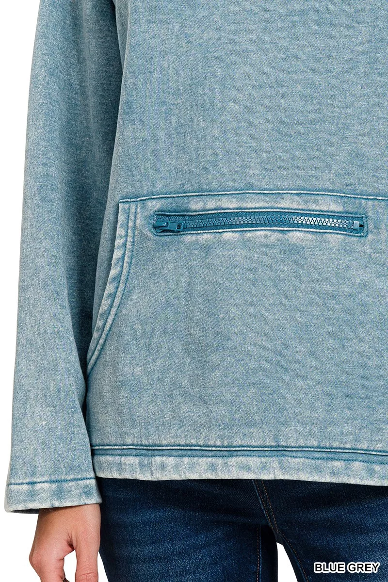 Fleece Washed High Neck Kangaroo Pocket Sweatshirt, image 3