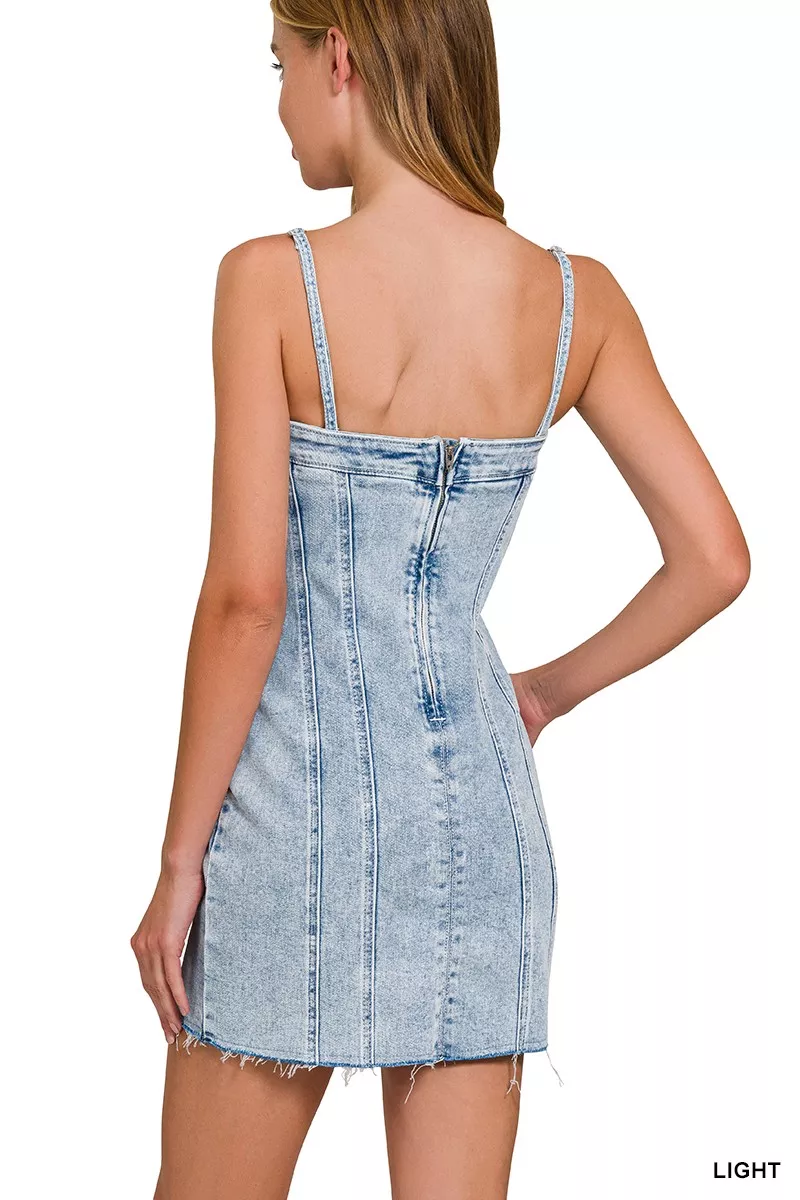 Spaghetti Strap Exposed Seam Light-Wash Dress, image 6