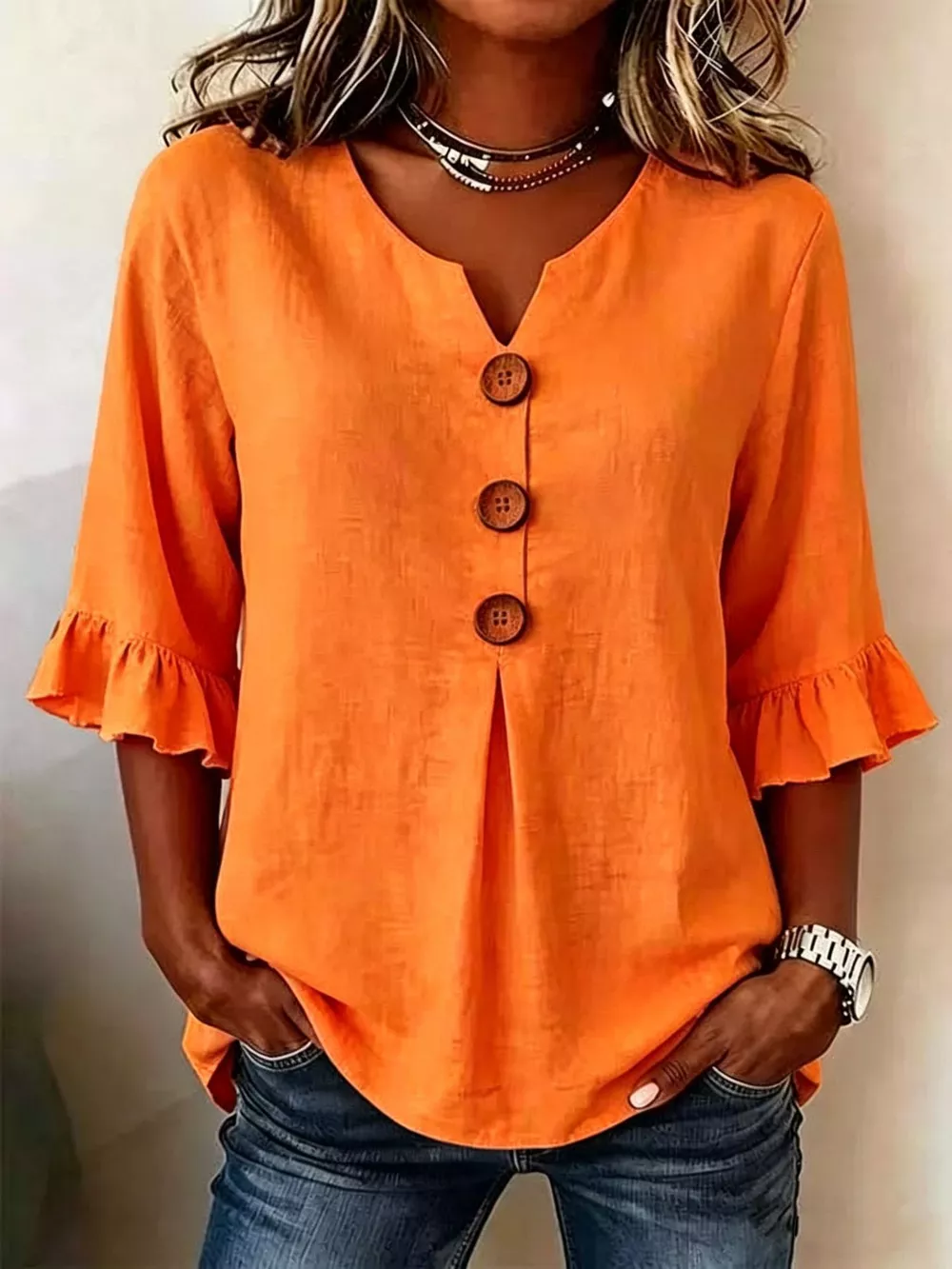 Full Size Casual Ruffle‑Sleeve Decor‑Button Top Plus Size, image 11